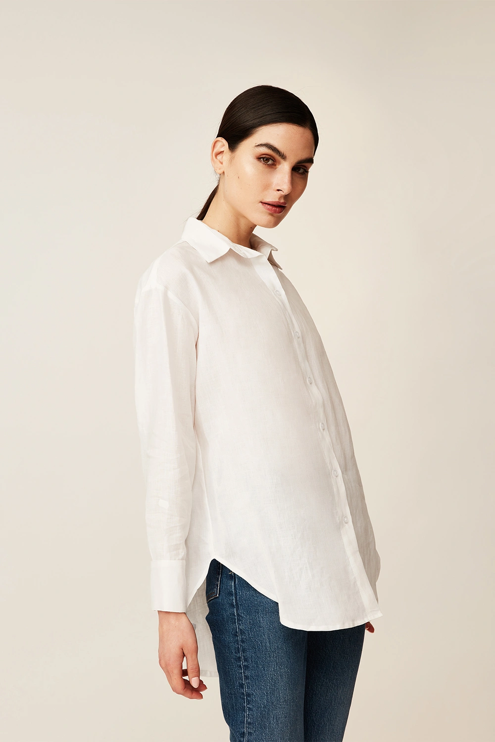 Long linen shirt-collar blouse